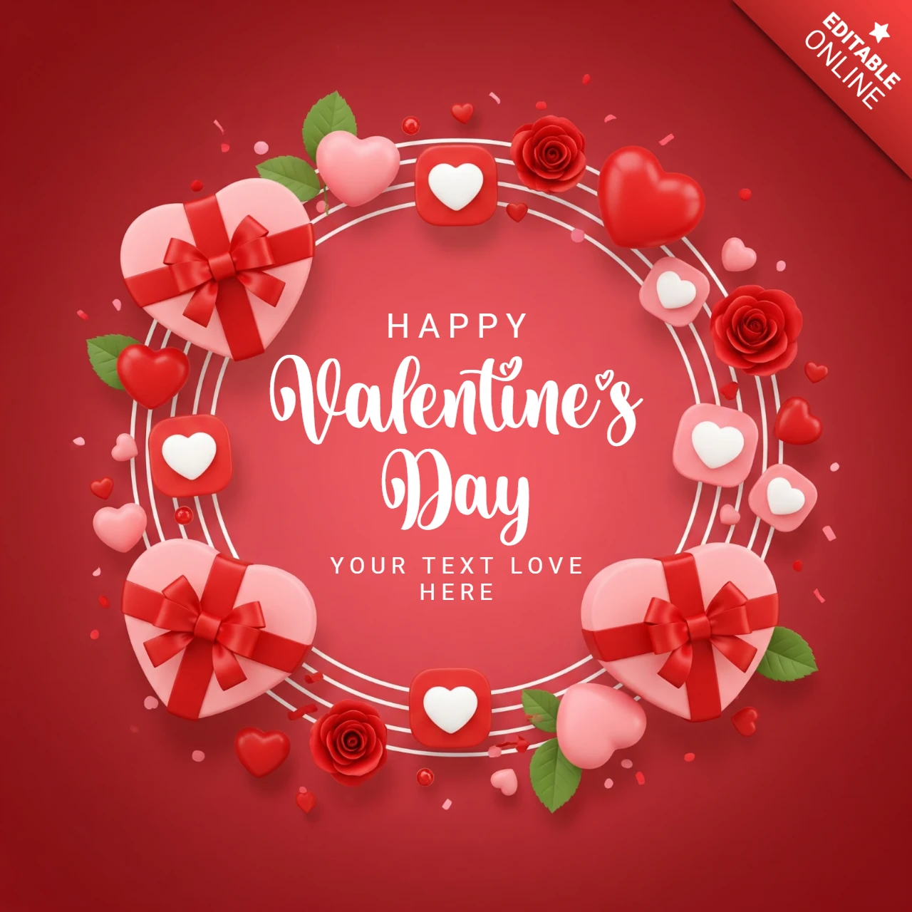 Red Background with Heart Garland, Roses, and Editable Love Message Valentine’s Greeting Card