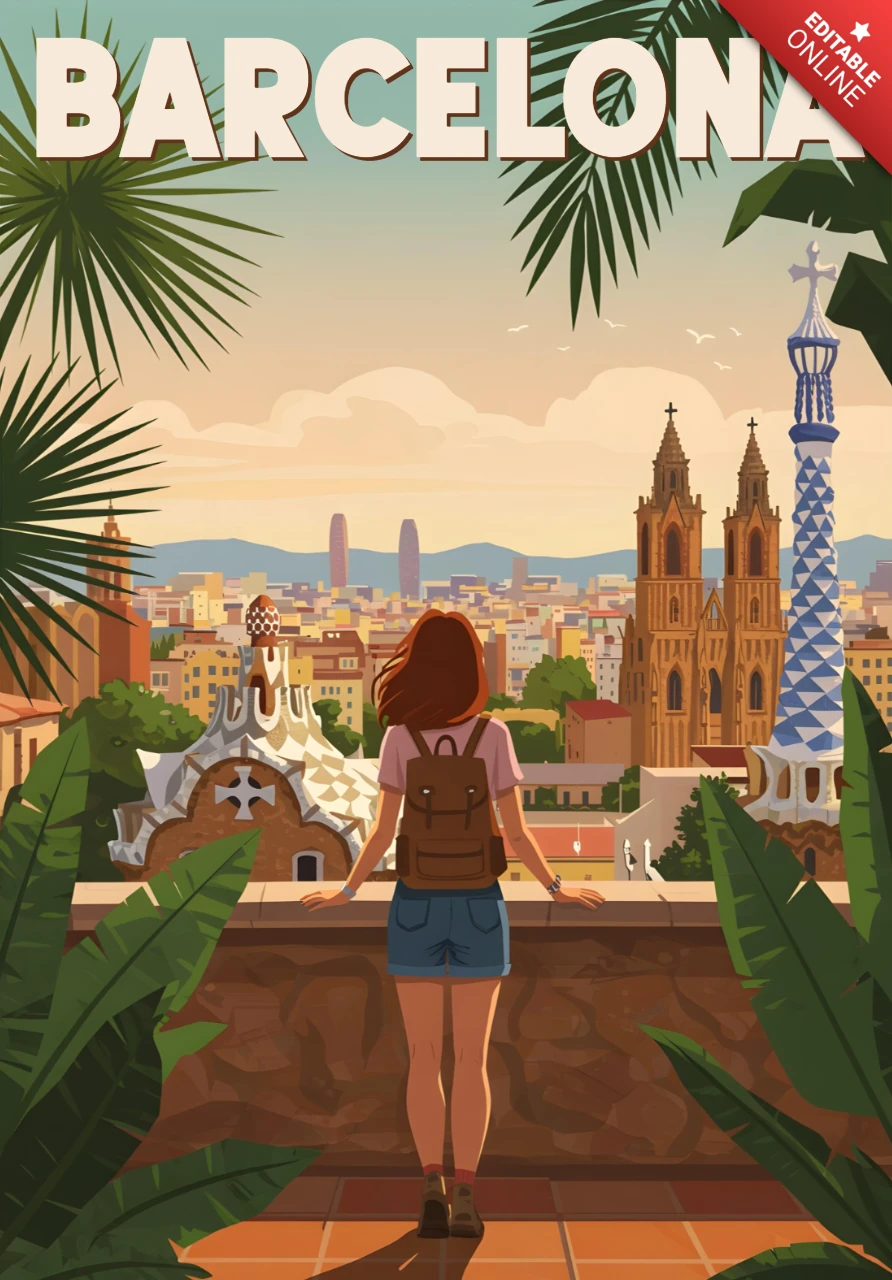 テラスビューとモザイクのランドマーク、夕日が沈むバルセロナの都市景観の旅行ポスターデザインテンプレート