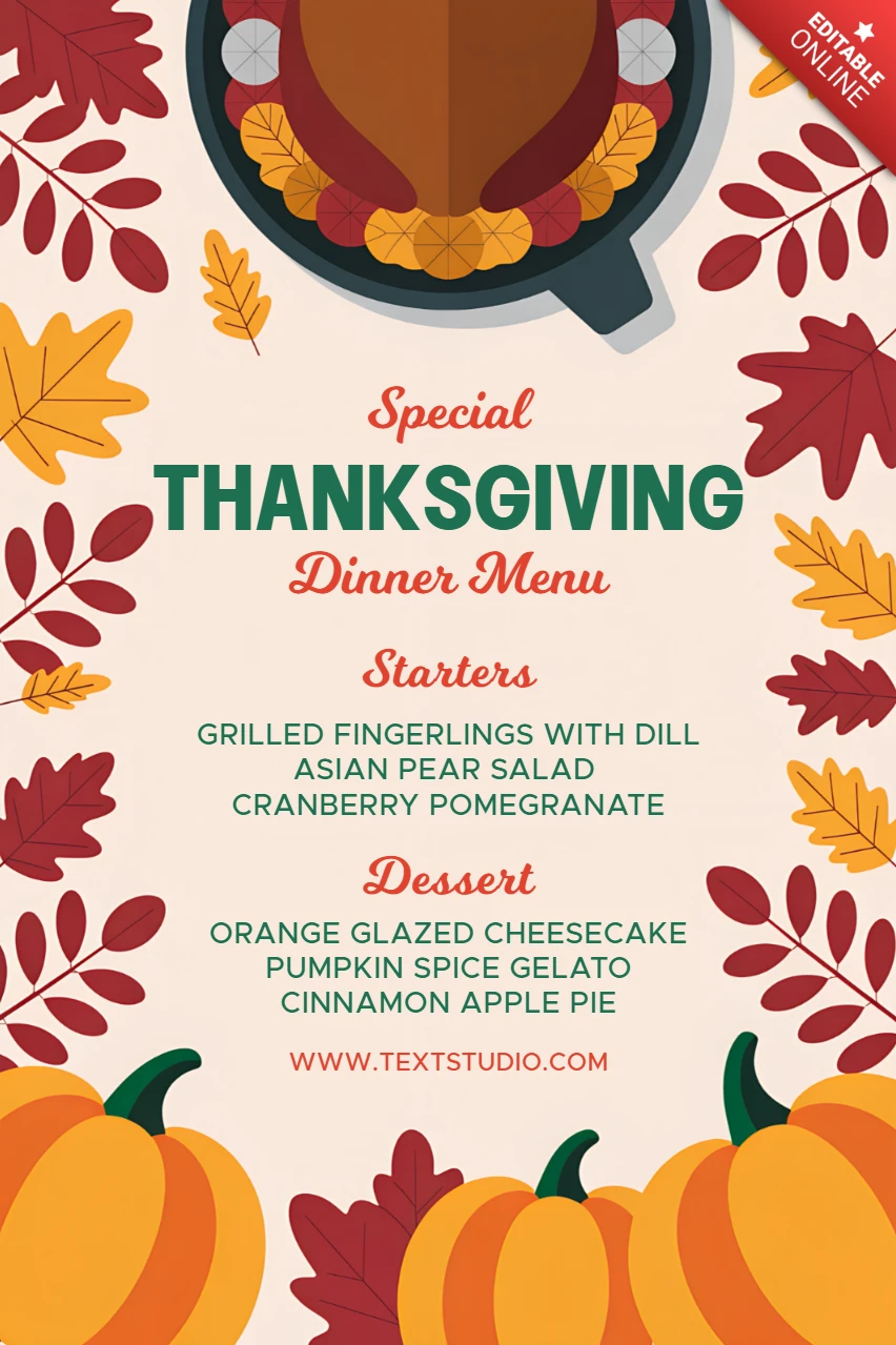 Modèle de menu de dîner de Thanksgiving avec des feuilles d'automne et des citrouilles pour des événements festifs