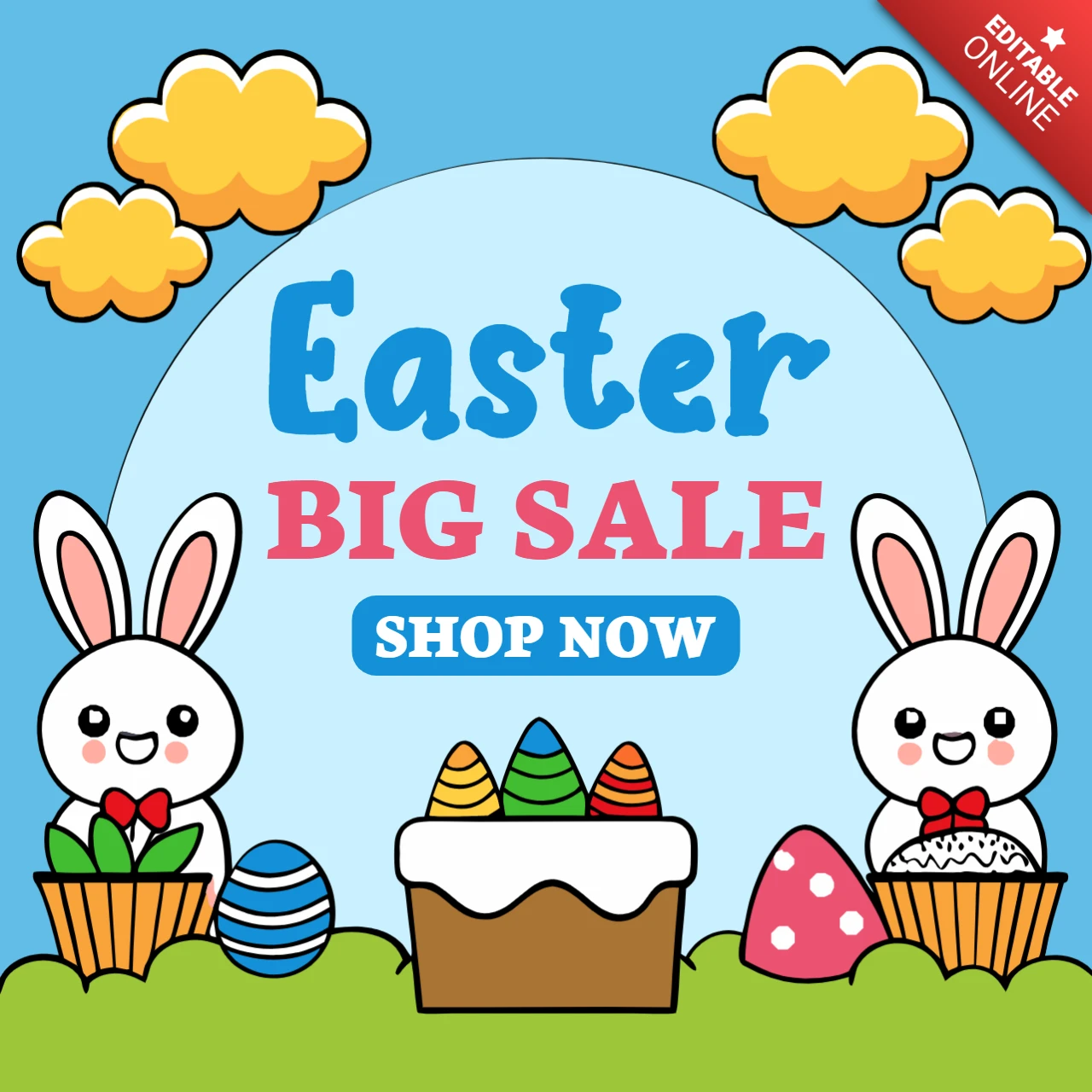 Modèle de vente de Pâques - style bande dessinée avec des lapins et des œufs