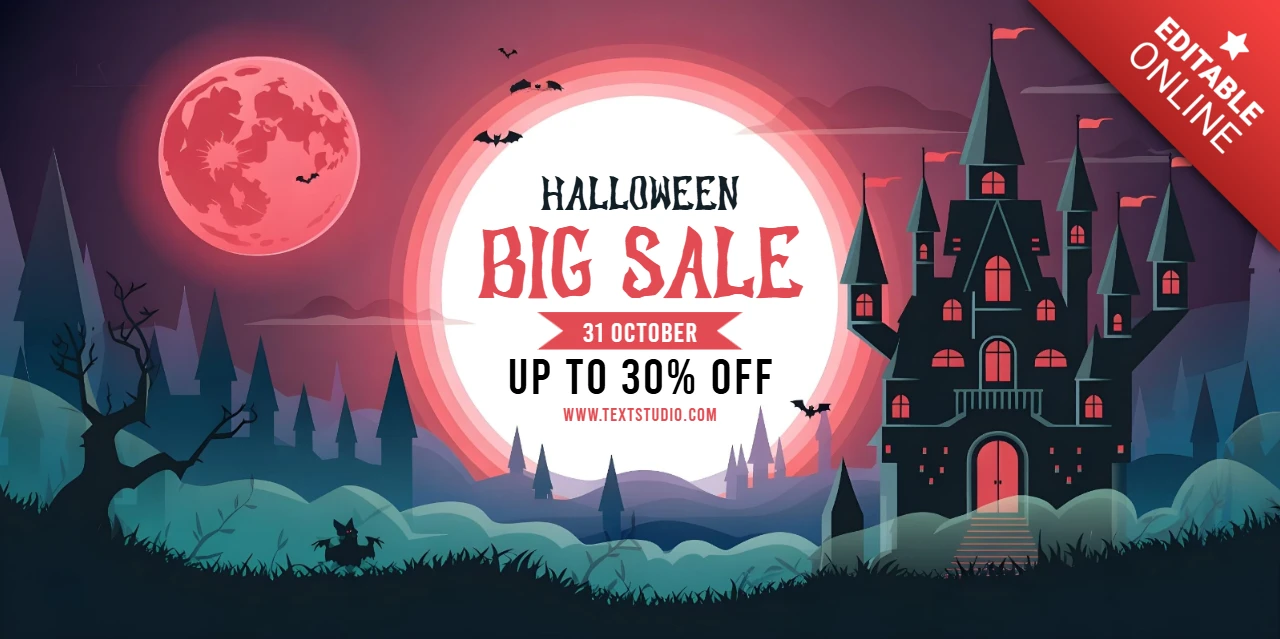ハロウィンショッピングの幽霊の風景、猫のシルエットとお得な割引のYouTubeカバーデザインテンプレート