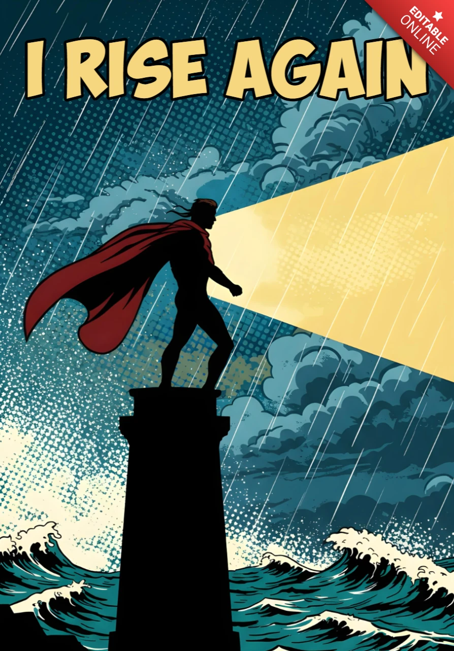 Ich erhebe mich wieder, Superhelden-Silhouette auf einem Sockel in stürmischer Ozeanszene, Poster-Design-Vorlage.