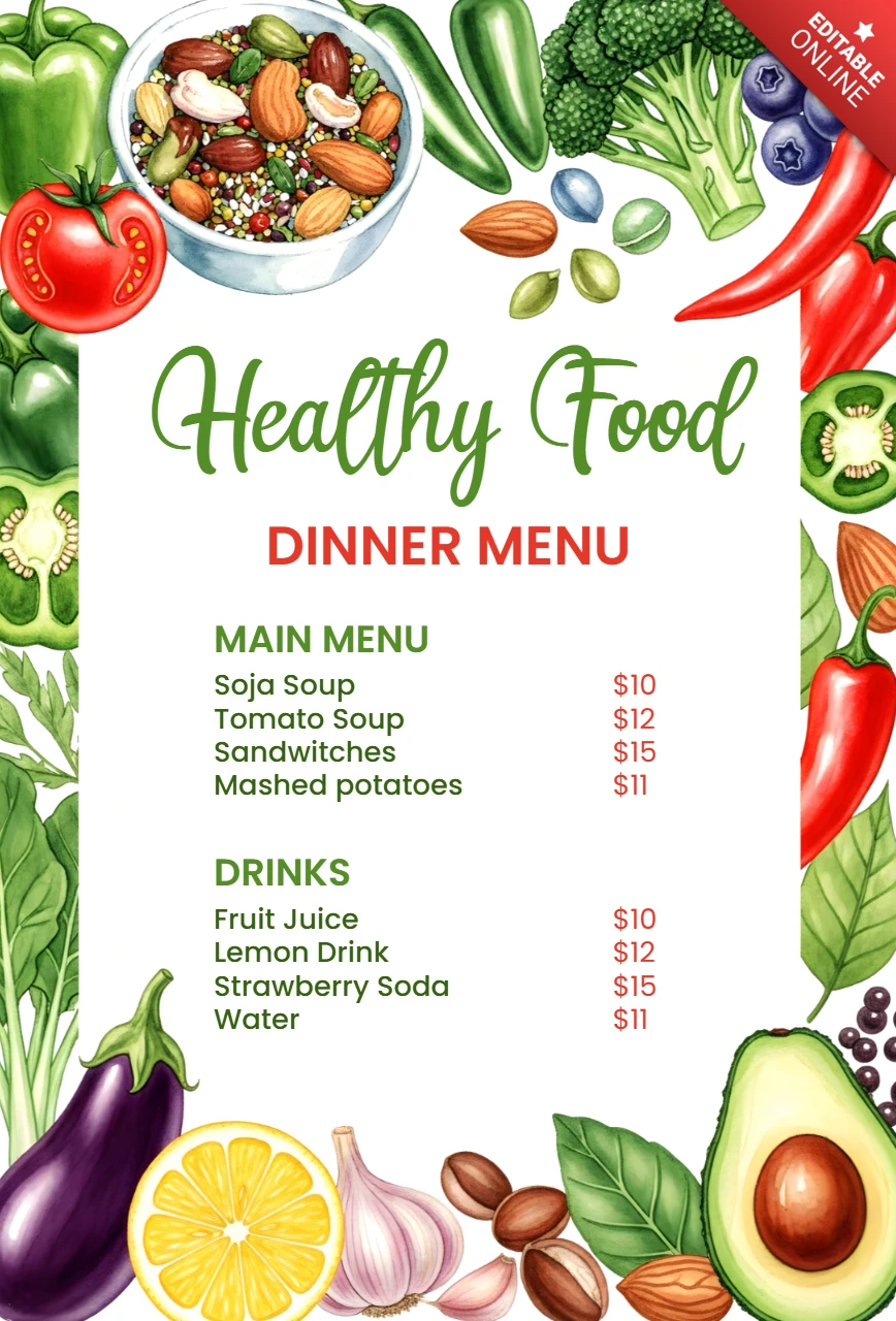 Modelo de menu de comida saudável com vegetais coloridos para uso em restaurante