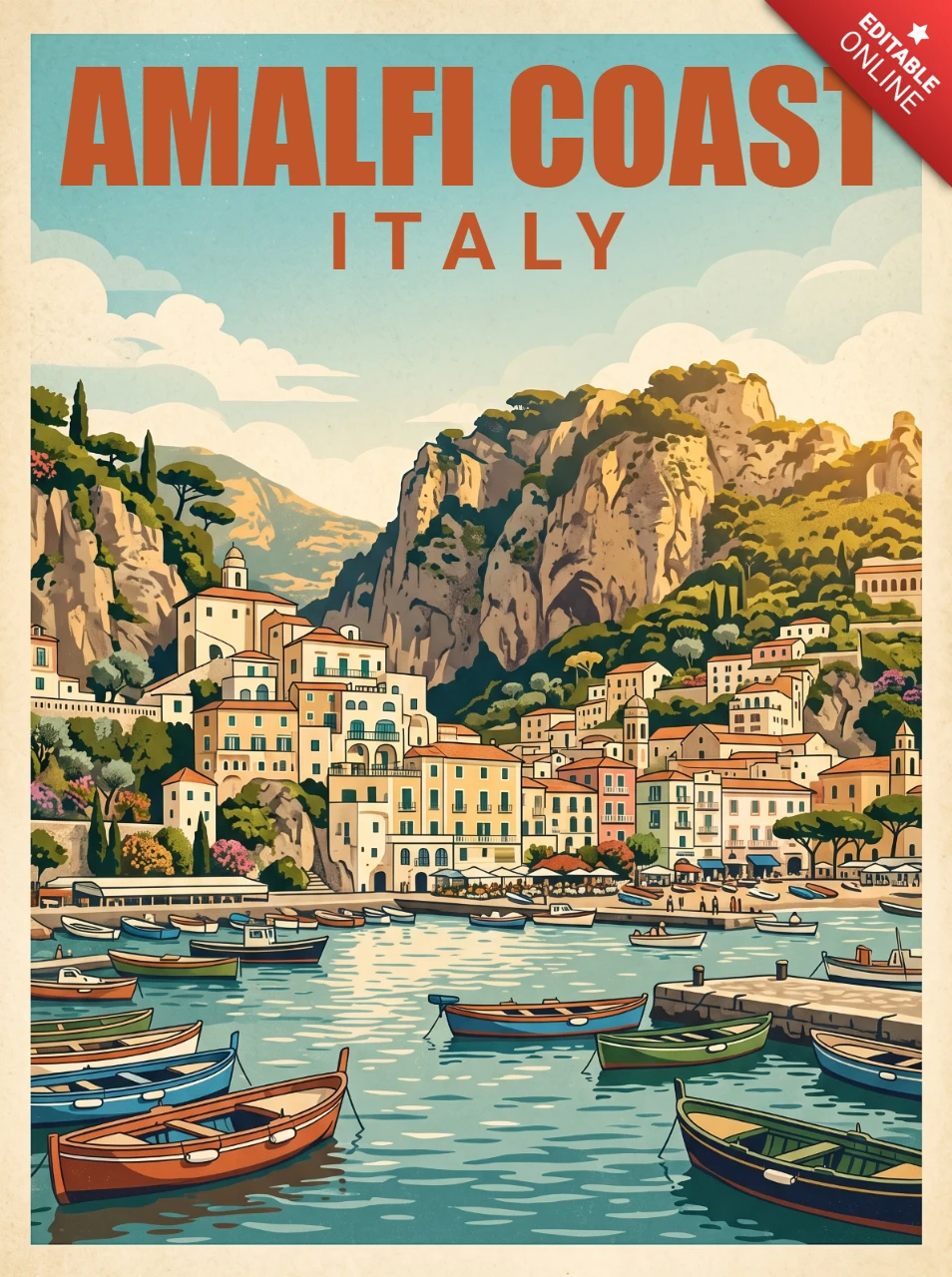 Vintage Retro Amalfi Coast Italy Travel Poster Mediterranean Charm Seaside Town Boats Rocky Mountains Greenery Artwork