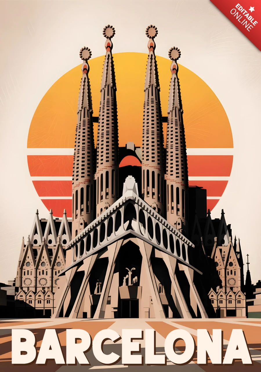 Sagrada Família with Graphic Sun and Architectural Silhouette Barcelona Travel Posters Design Template