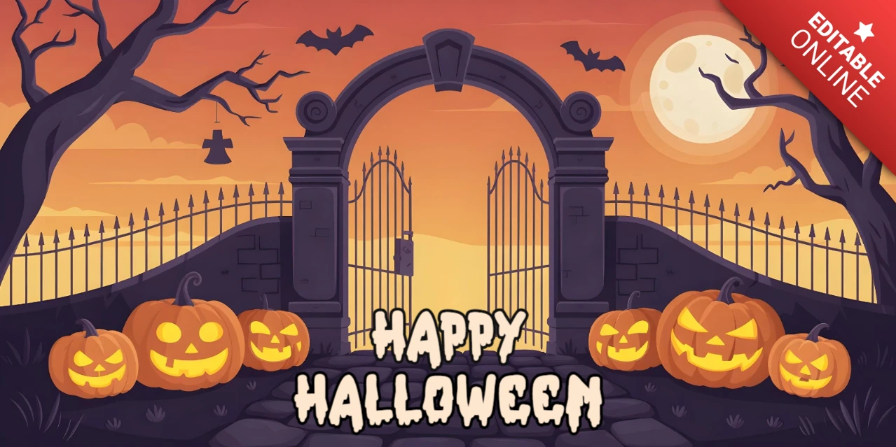 Frohes Halloween Eisen-Tor-Eingang, nebliger Friedhof & stilisiertes Begrüßungs-Facebook-Cover-Design-Template