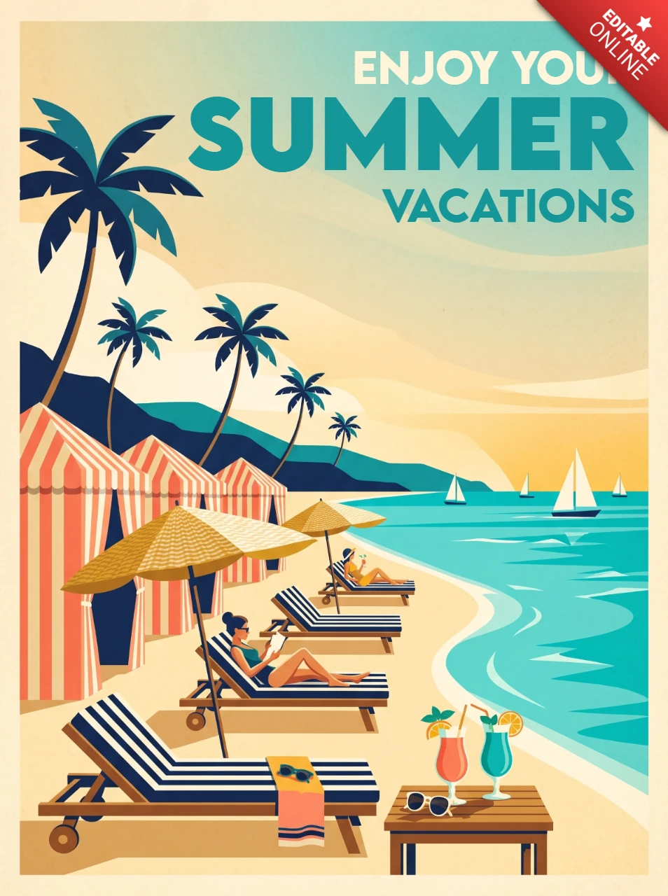 Cartel vintage de vacaciones de verano con palmeras, cabañas a rayas, bebidas tropicales, sillas de descanso, olas del océano y ambiente nostálgico de vacaciones tropicales.