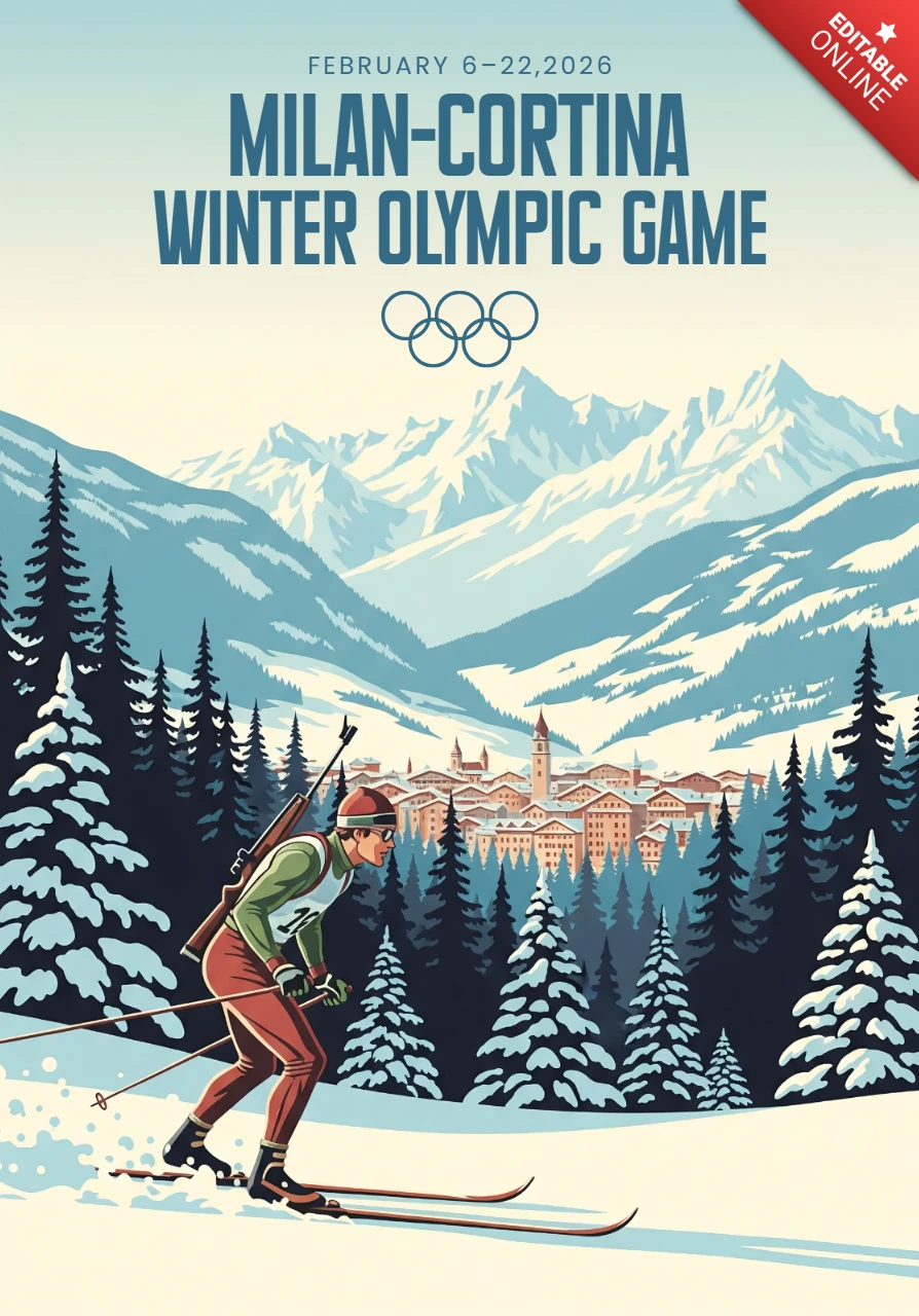 Kış olimpiyat sporları kayakçı hareket halinde ve alpin mimarlık Milano-Cortina 2026'yı kutluyor.