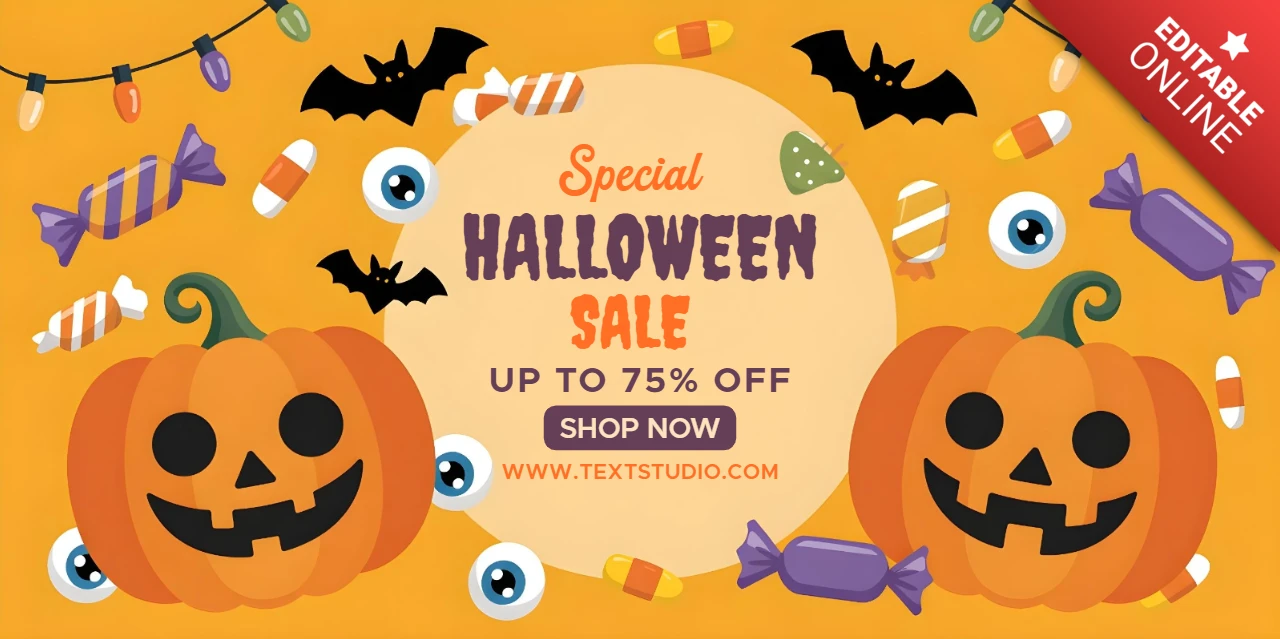 怖いハロウィン割引オレンジテーマのコウモリ、ライト、フェスティブトリートがあるFacebookカバーデザインテンプレート