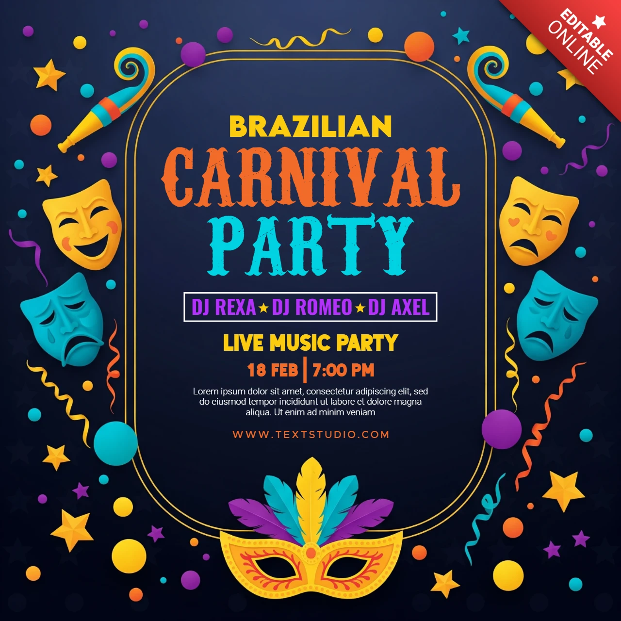 Pôster de carnaval com fundo em gradiente roxo, máscara festiva, penas, confetes e tambores.