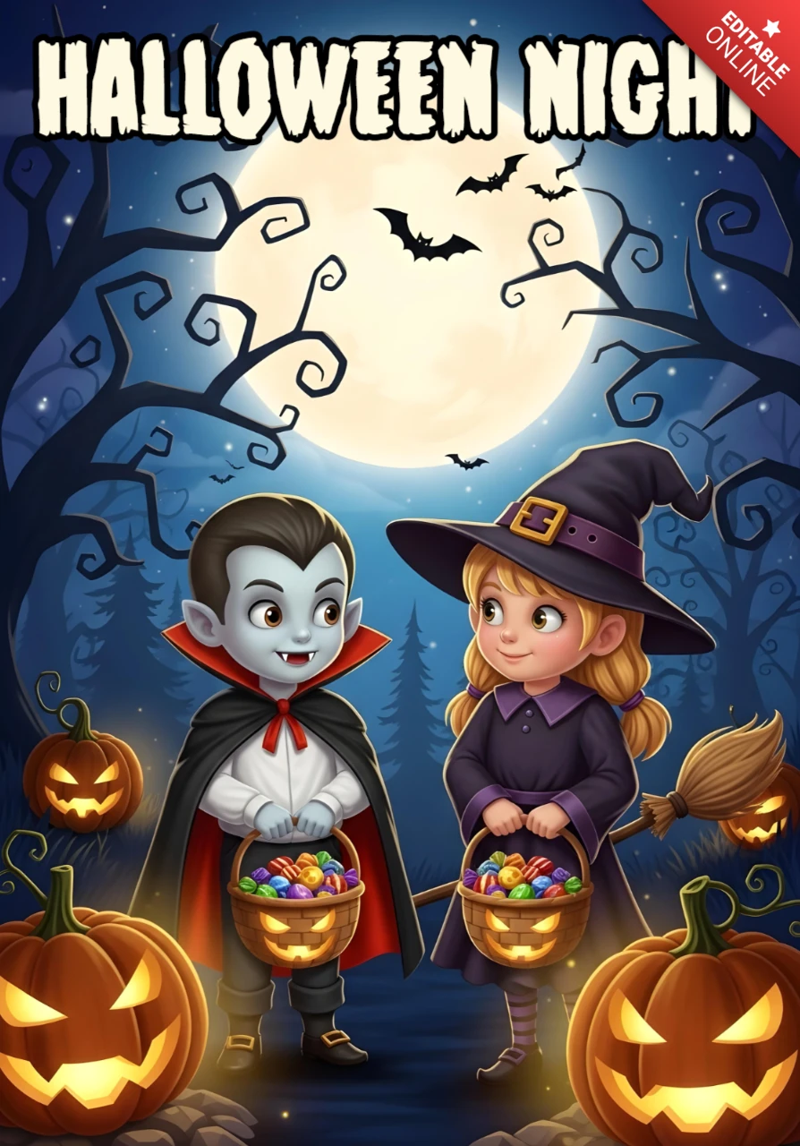 おばけのハロウィンカートゥーン、コスチュームを着た子供たちとコウモリ、木、光るカボチャのデザインテンプレート、フェスティブなフライヤー用