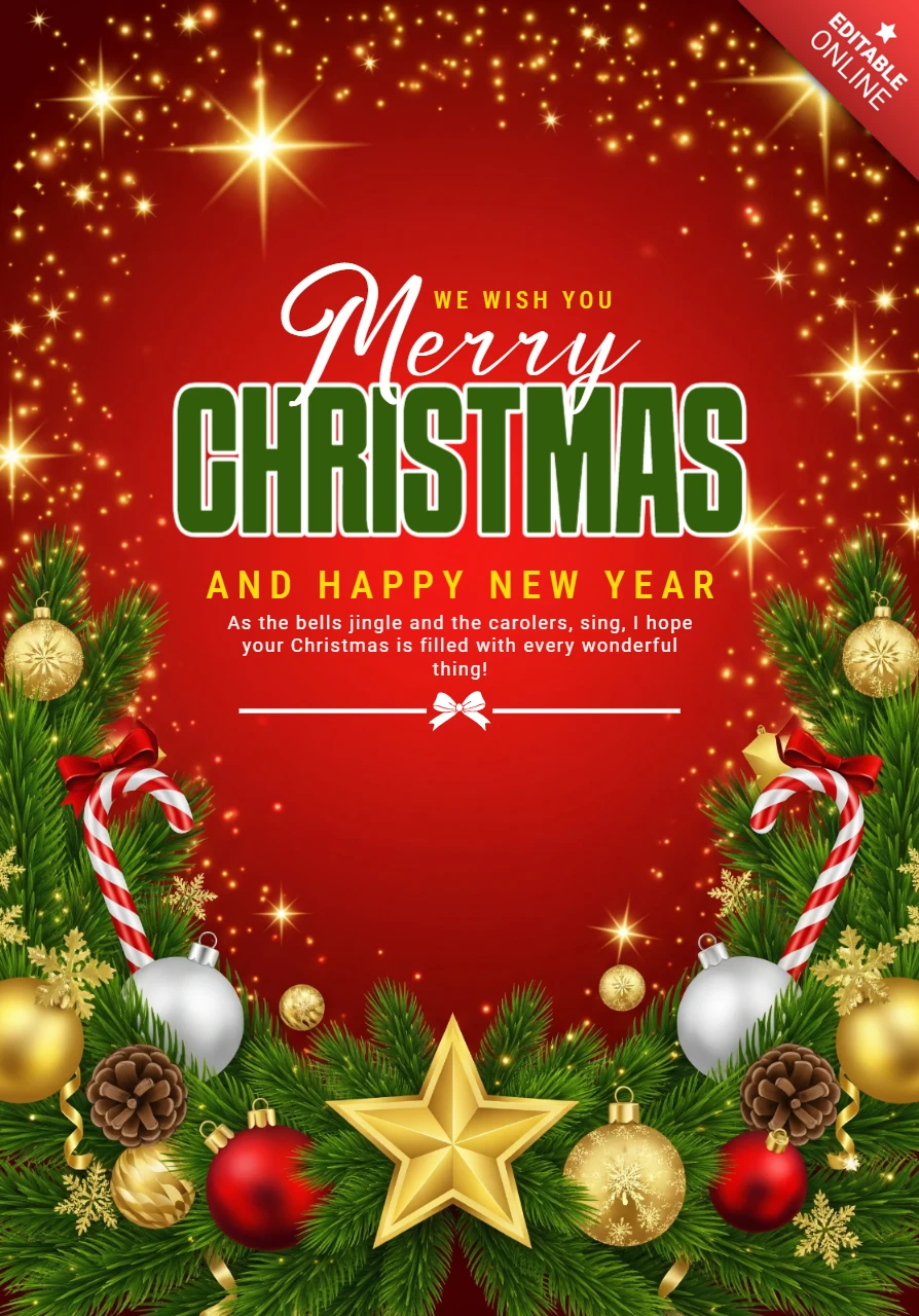 Christmas & New Year Card Red Design with Ornaments, Garland & Sparkling Stars