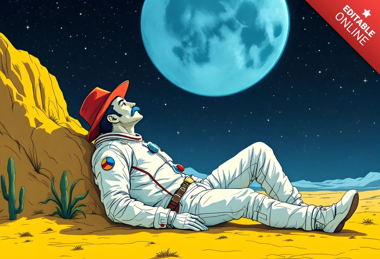 Ontwerpsjabloon voor kosmisch avontuur: astronaut in woestijnlandschap