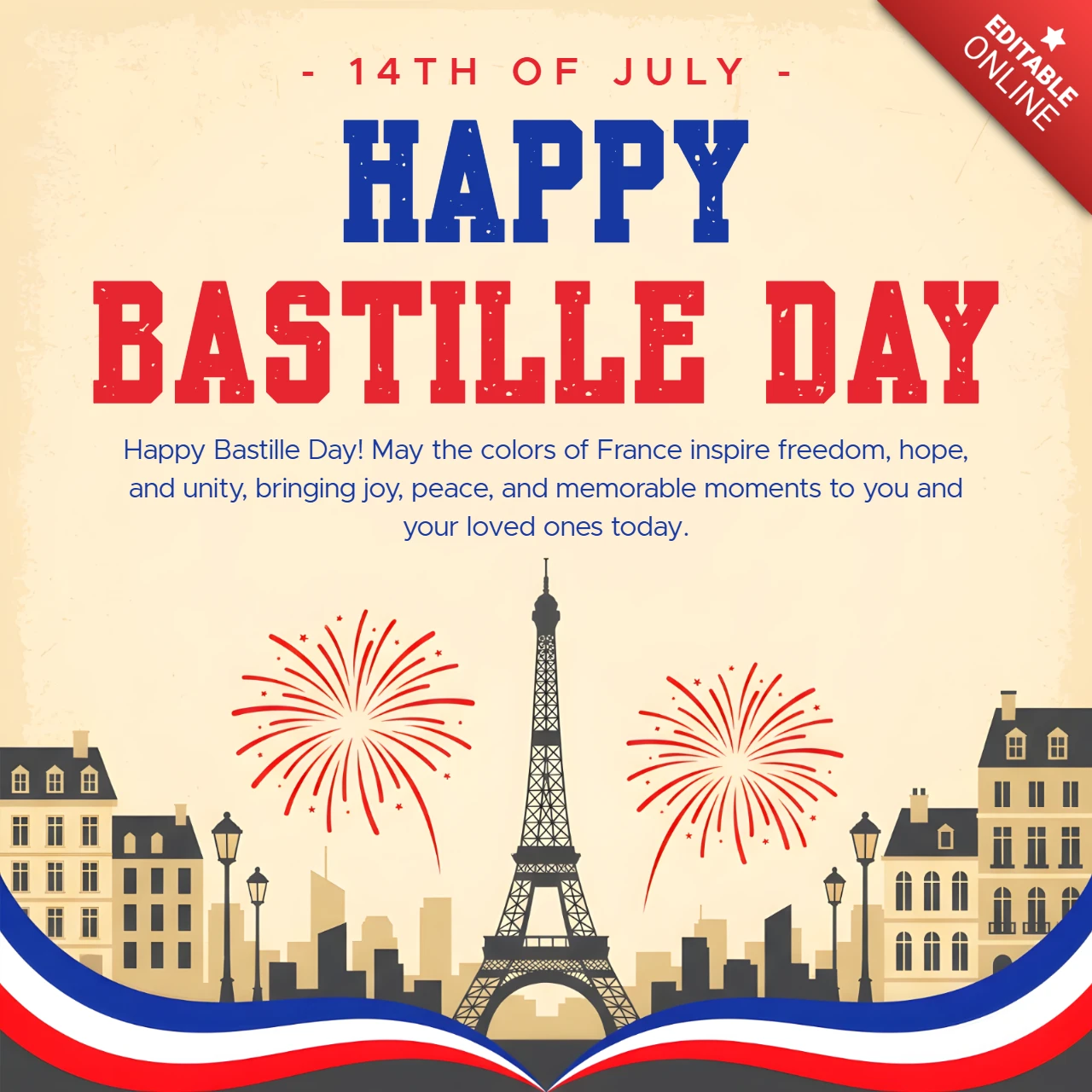 Carte de vœux vintage pour la fête nationale avec la tour Eiffel, des feux d'artifice et une illustration de la ligne d'horizon de Paris