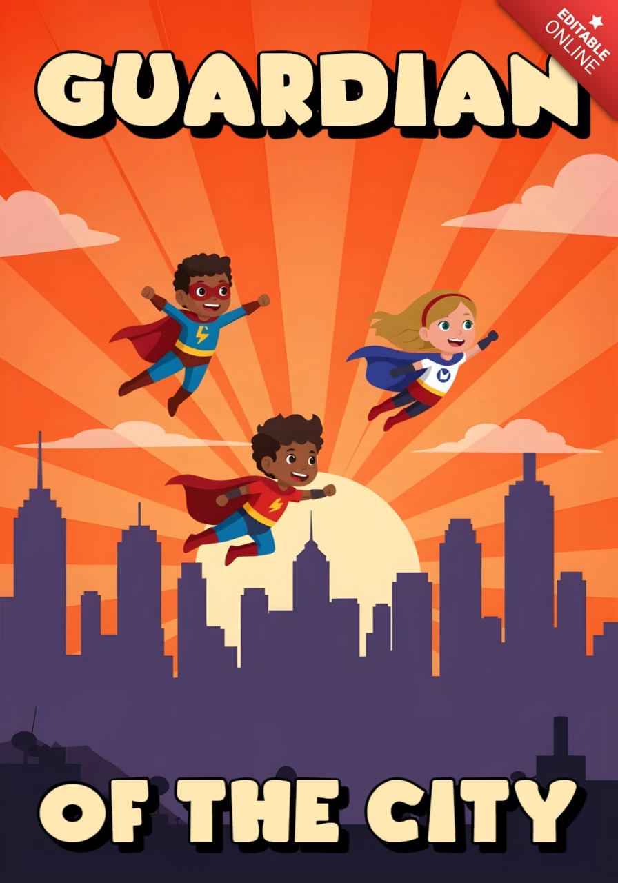 Guardiano della città volando supereroi sopra il poster del design dello skyline al tramonto