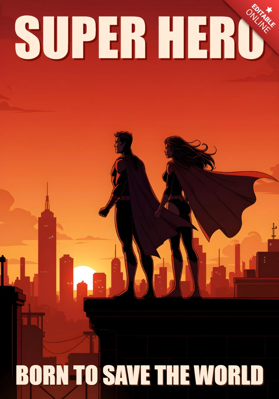 Escena de héroe estilo cómic en el tejado con capas, vista de la ciudad y plantilla de diseño de cartel con tipografía empoderadora.