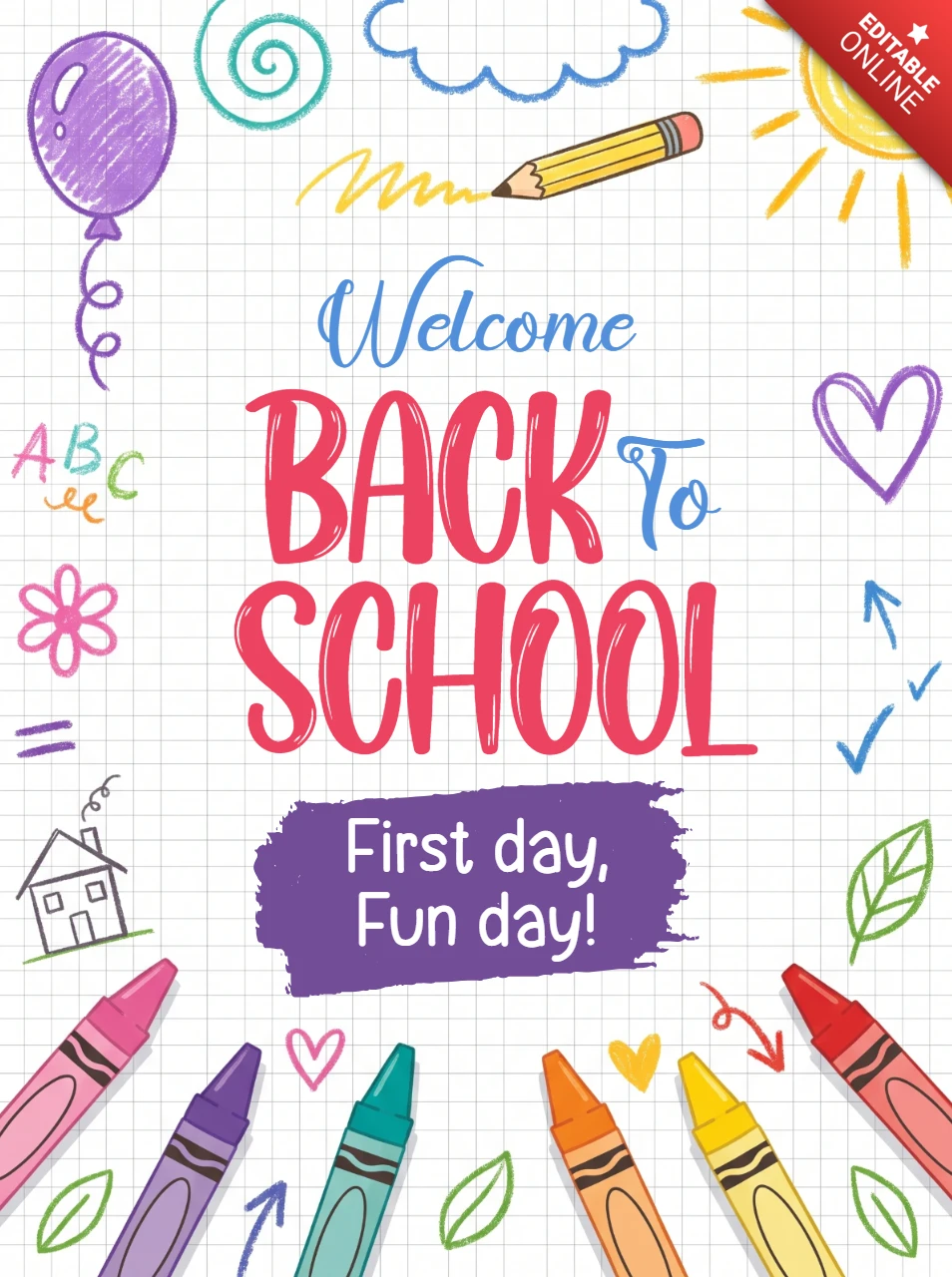 Colorful back to school poster design with hand drawn doodles and crayons