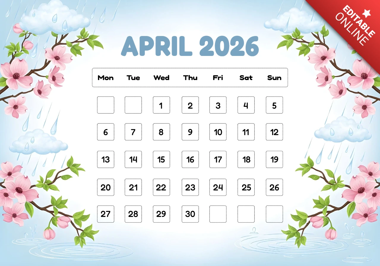 April 2026 kalenderposter - bloemenrand met bloesems, bladeren, wolken en decoratieve kunstwerken