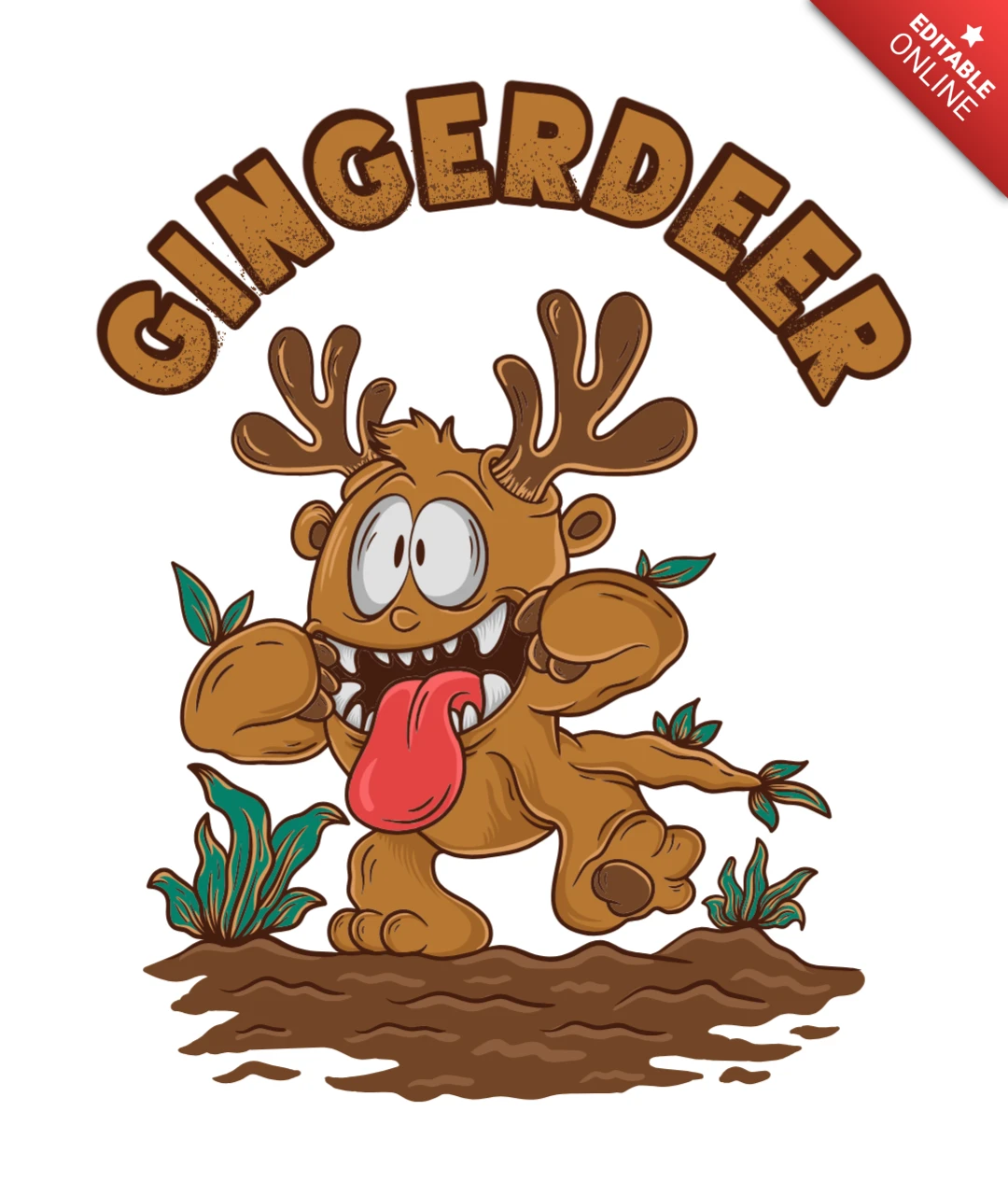 Gingerdeer Holiday Mischief with Antlers, Teeth & Cartoon Charm T-Shirt Design Template