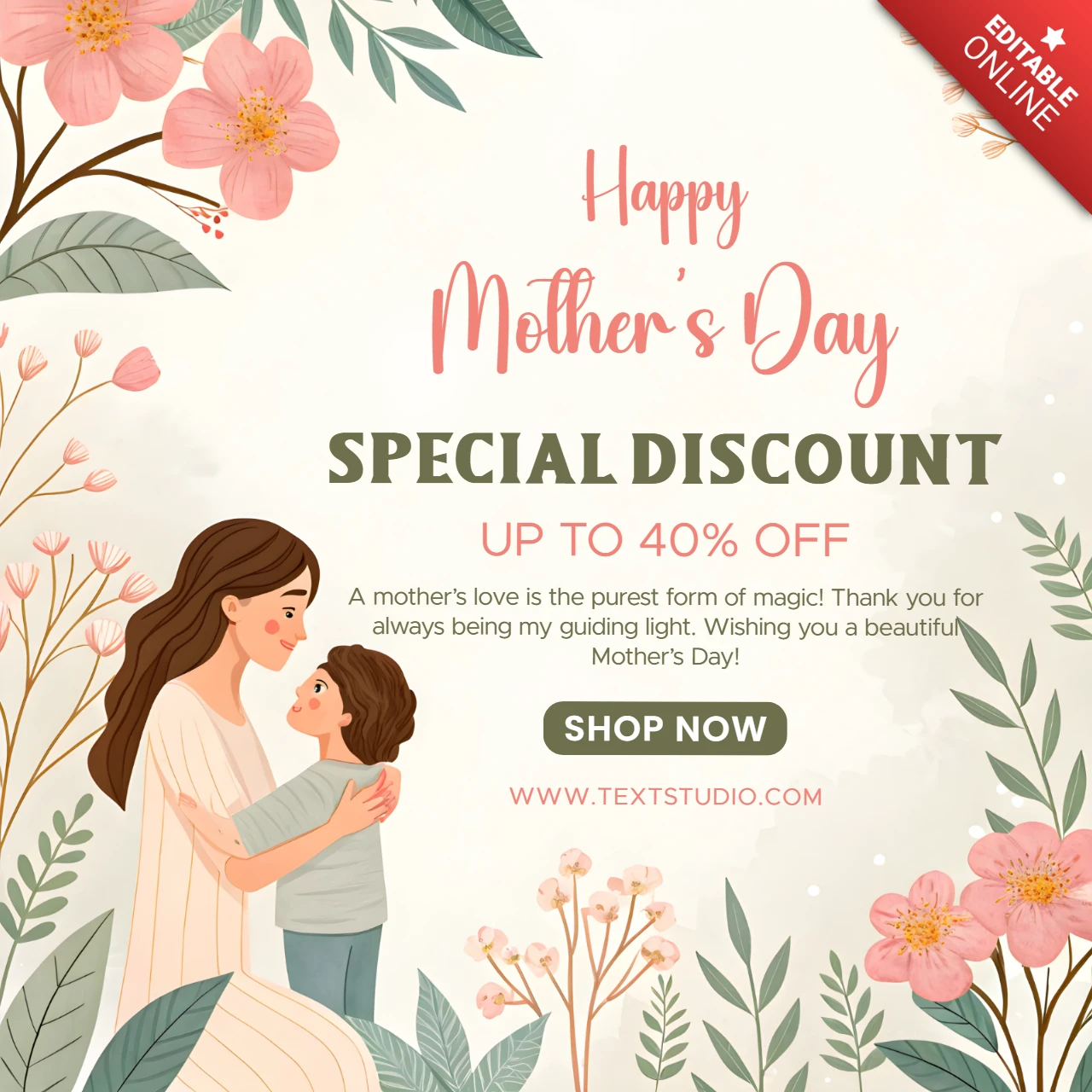 Floral Mother's Day Discount Template Design – Editable Celebration Card