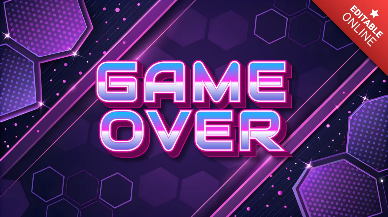 Neon Game Over Design Template with Hexagonal Background