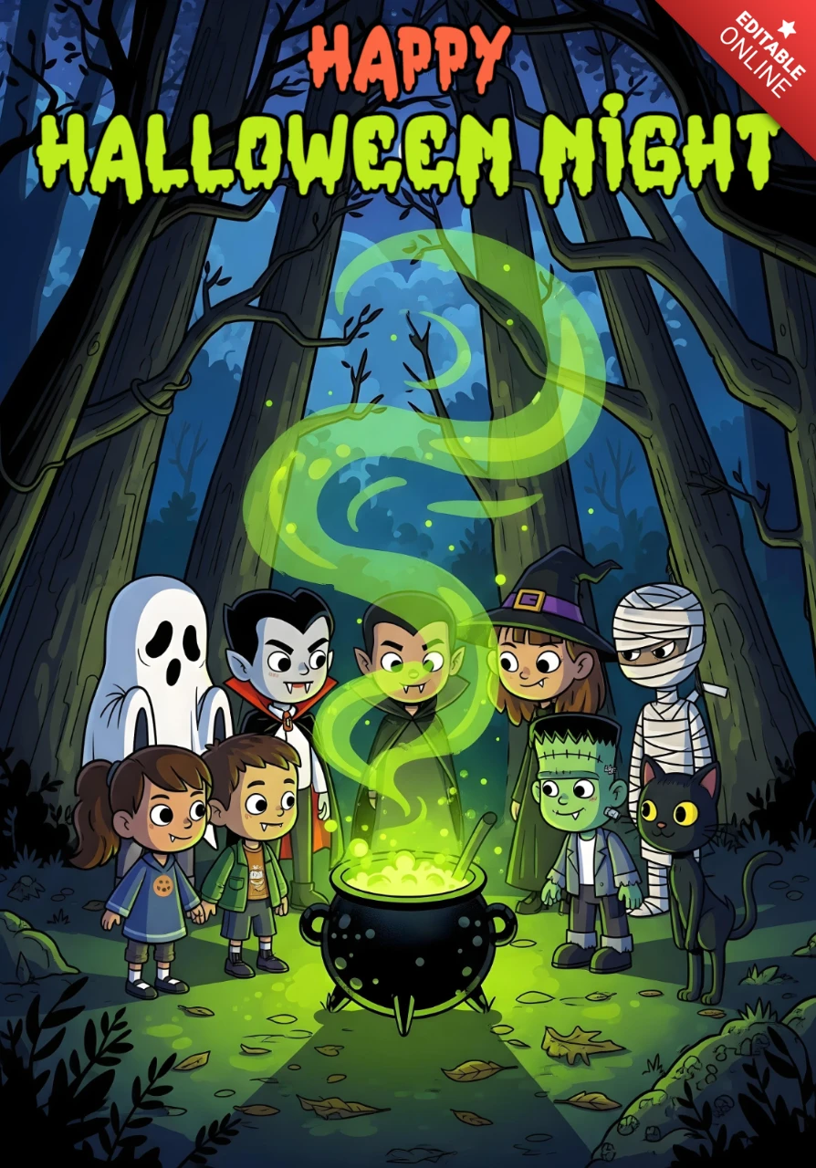 Halloween Storytime Kids in Costumes Around Cauldron with Glowing Forest Backdrop Design Template for Festive Flyers