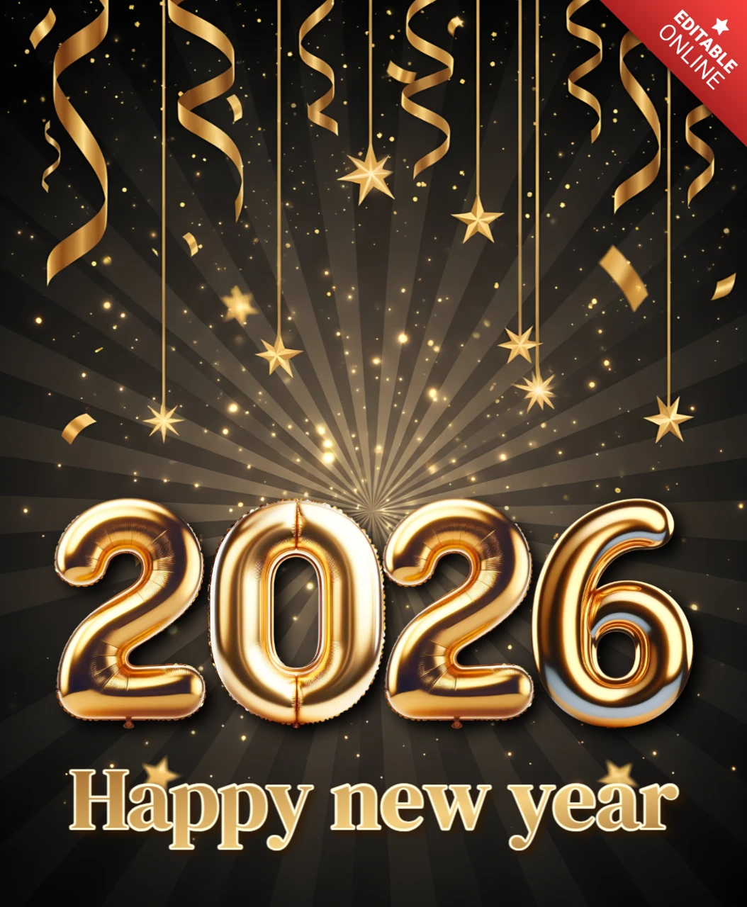 Plantilla de diseño para la celebración de Año Nuevo con globos de 2026 y elementos festivos para invitaciones de fiesta.