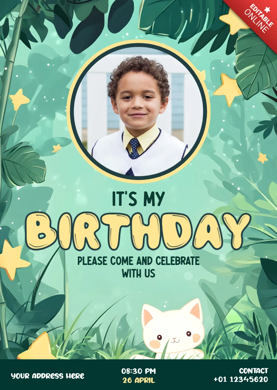 Gato del bosque feliz cumpleaños tarjeta de felicitación plantilla de diseño