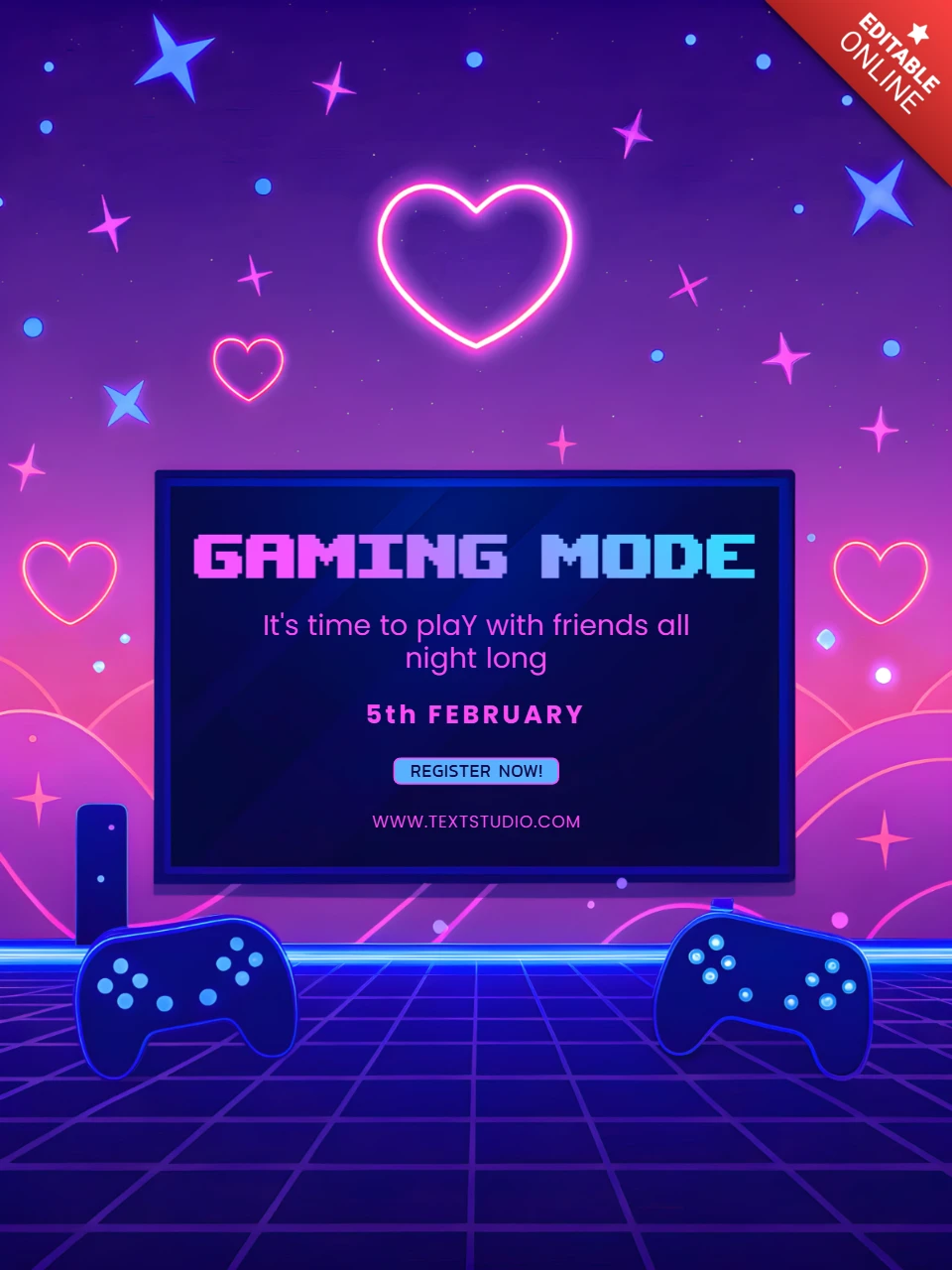 Cute Retrowave Neon Gaming Mode Event Template for Flyers
