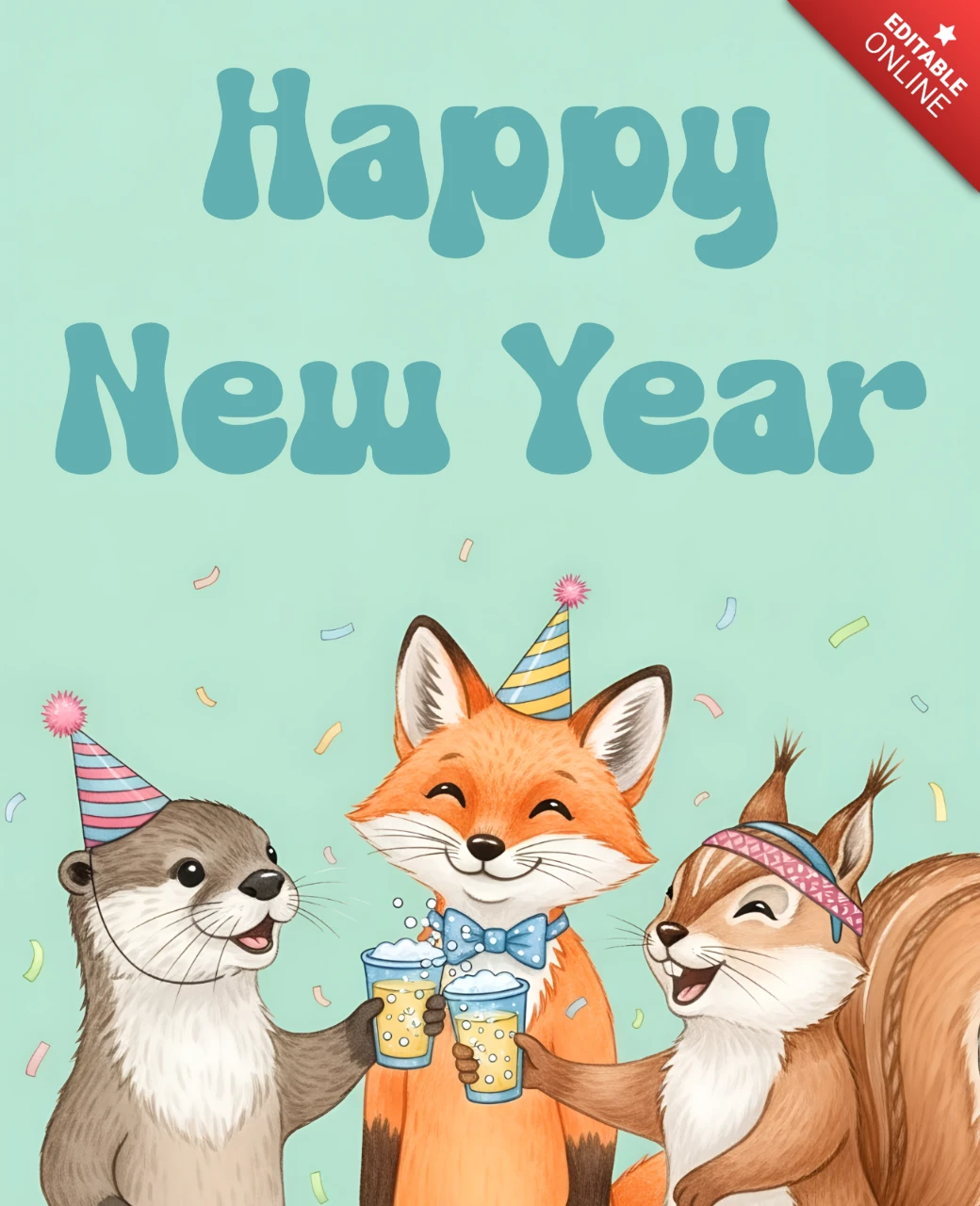 Feliz ano novo amigos animais modelo de design para cartões de saudação