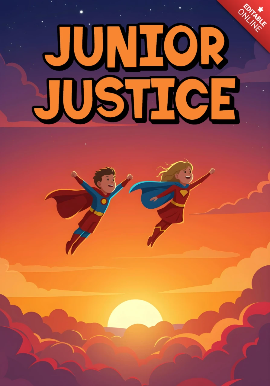 Junior Justice Young Superheroes Flying in Sunset Sky Poster Design Template