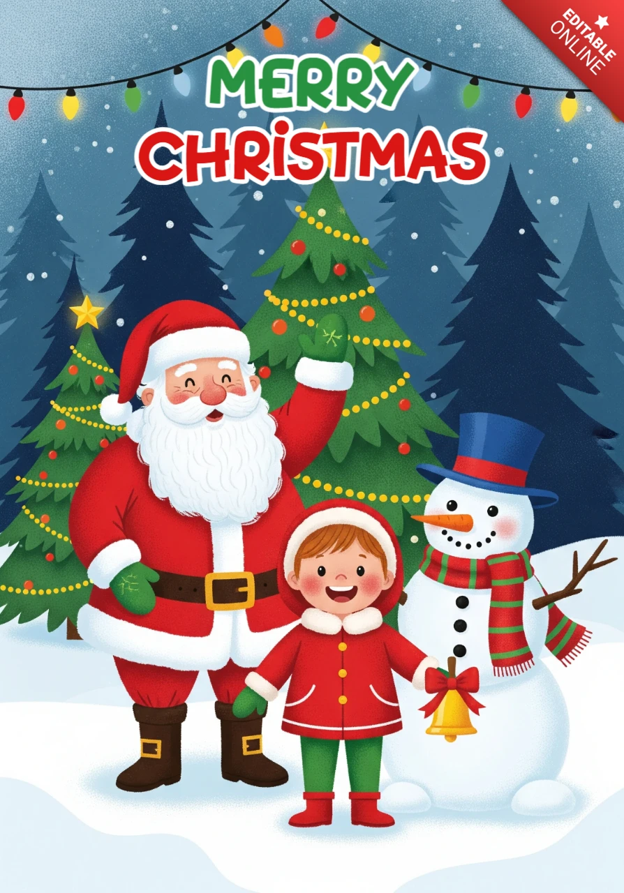 Plantilla de diseño de cartel de saludo navideño con Santa, un niño y un muñeco de nieve en una escena nevada con árboles decorados y luces de cadena.