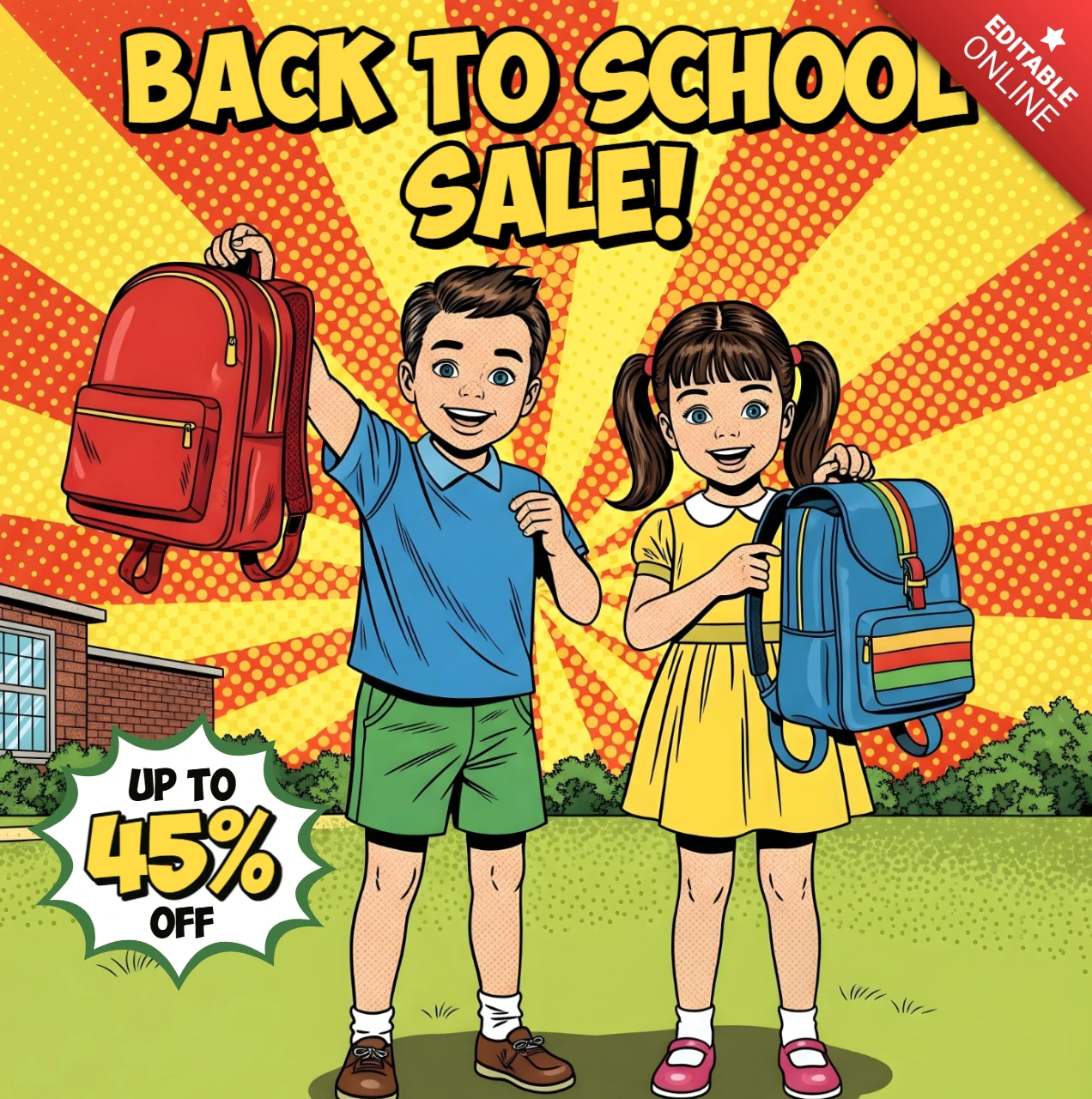Scène vibrante d'une cour d'école en art pop avec des élèves heureux et un modèle de bannière graphique de vente audacieuse pour des flyers promotionnels.