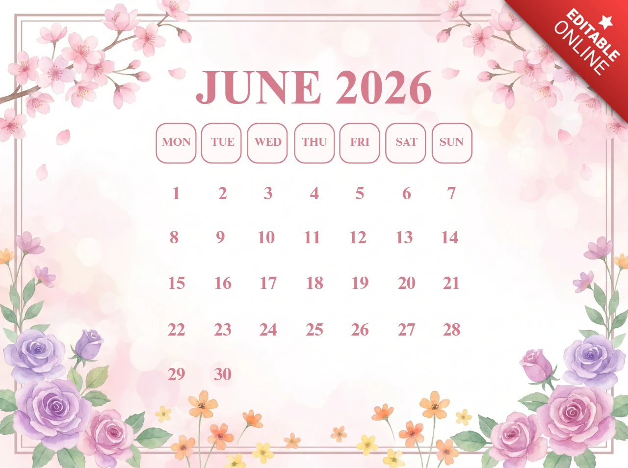 Calendrier floral de juin 2026 avec des cerisiers en fleurs, des roses et un élégant fond rose pastel.