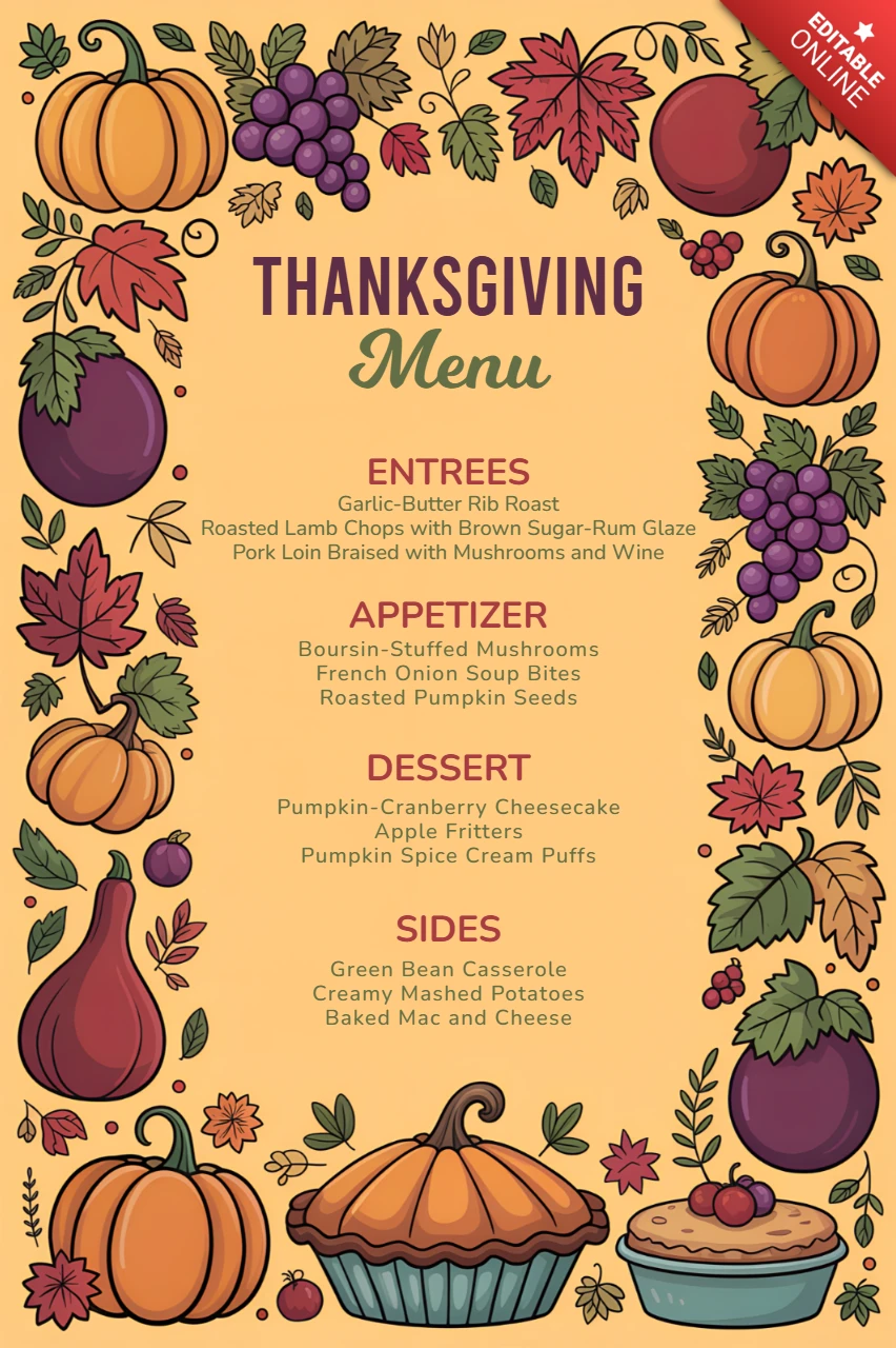 Thanksgiving Menu Design Template with Rustic Fall Elements for Festive Dining