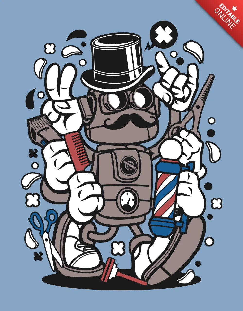 Barber Robot Cartoon Character T-shirt Design Template
