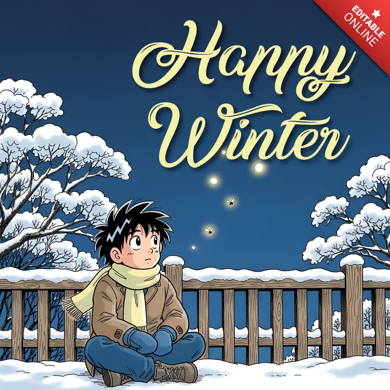 Template di design invernale per biglietti di auguri con illustrazione di personaggi giocosi