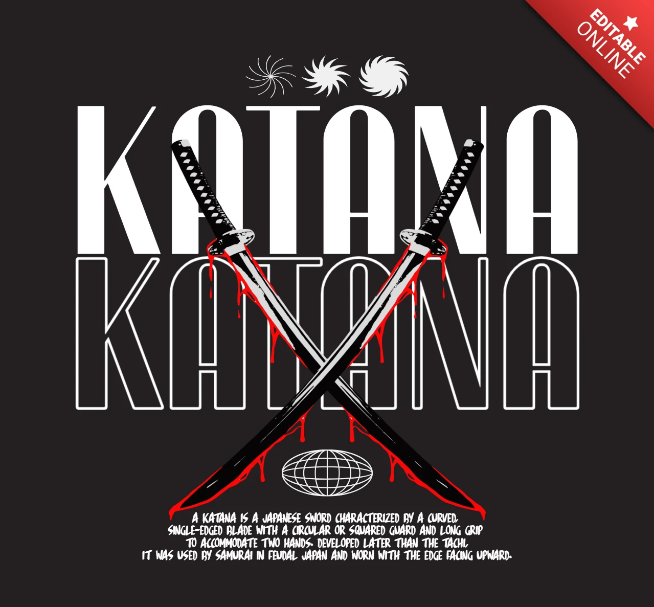 Modèle de t-shirt avec un design de katana croisé, épées japonaises avec gouttes de sang.