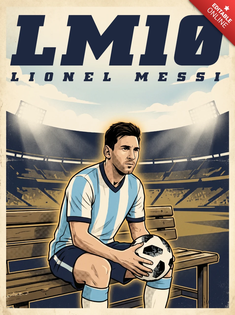 Argentina National Team Lionel Messi LM10 Vintage Retro Soccer Champion Sitting Stadium Bench Fans Poster Design 2026