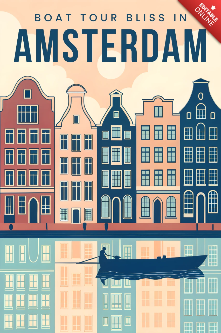 Amsterdam Boat Tour Design Template with Vintage Style Cityscape for Travel Posters