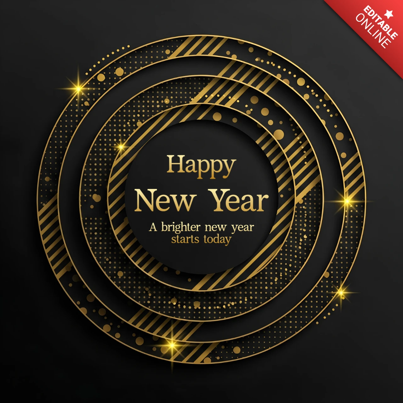 Modèle élégant de célébration du Nouvel An avec un design circulaire doré pour cartes de vœux.