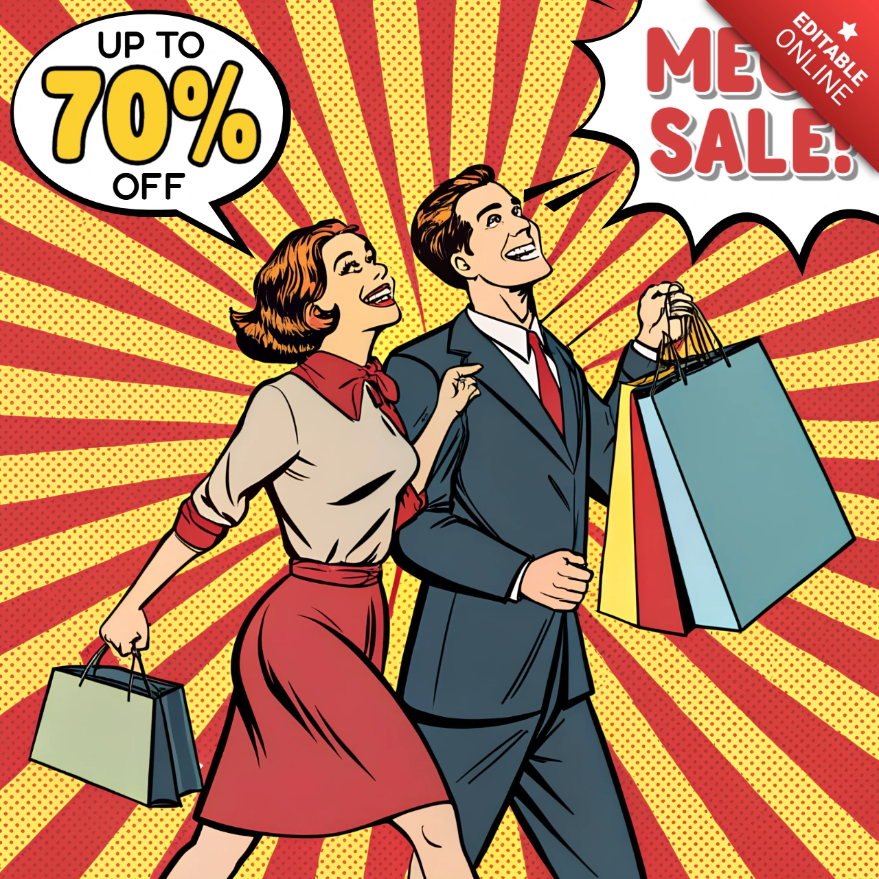 Popart verkoop sjabloon voor promotieposters met winkelende stellen