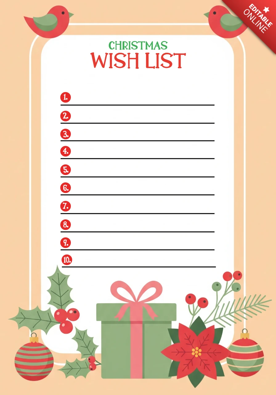 Plantilla de lista de deseos navideños, papelería con acentos rojo-verde y decoración invernal acogedora.