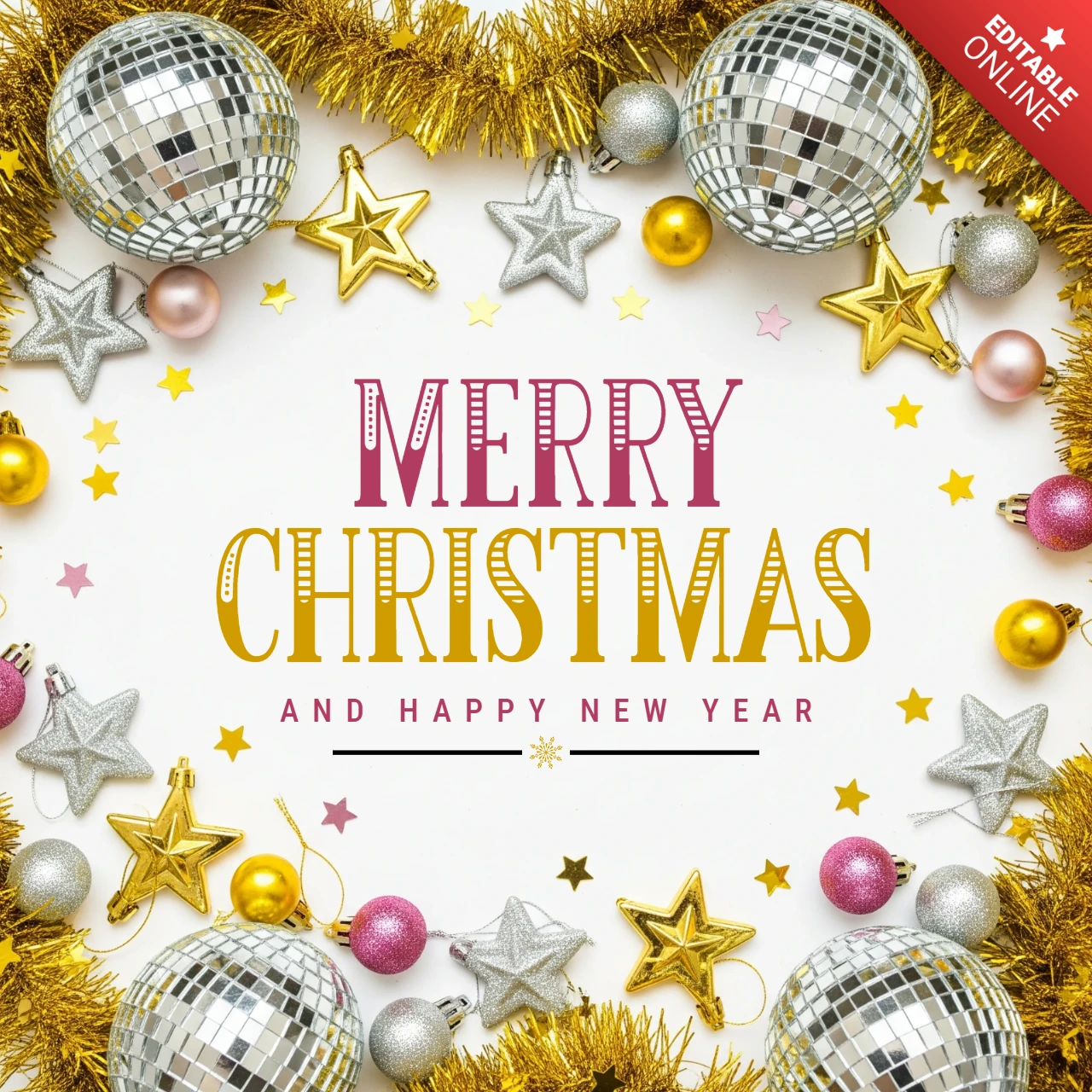 Diseño de tarjeta de Navidad elegante con adornos en rosa y oro, decoraciones brillantes y destellos de temporada.