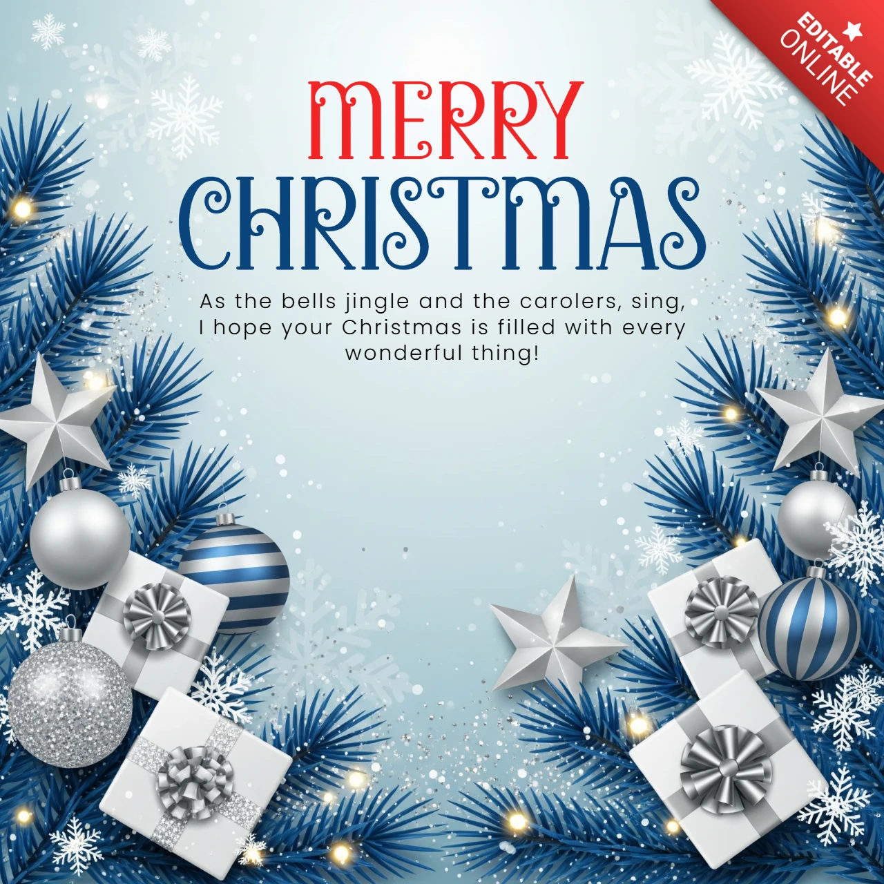Blue Pine Garland with Ornaments and Stars Surrounding Merry Christmas Greeting and Joyful Wishes Design Template