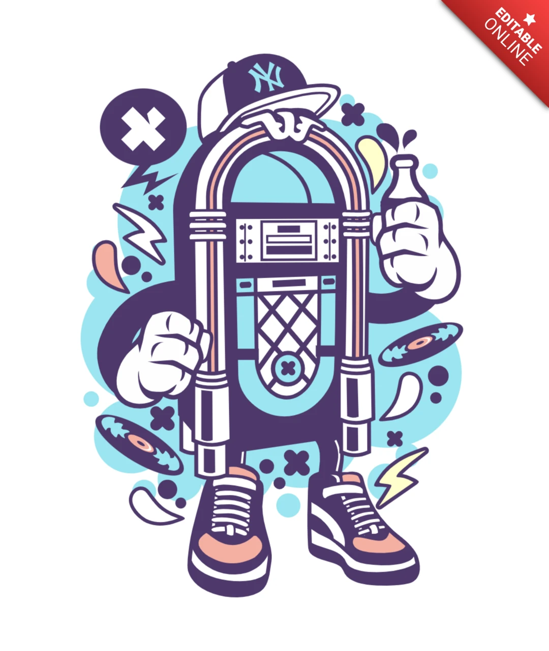ジュークボックスのキャラクターTシャツデザインテンプレート