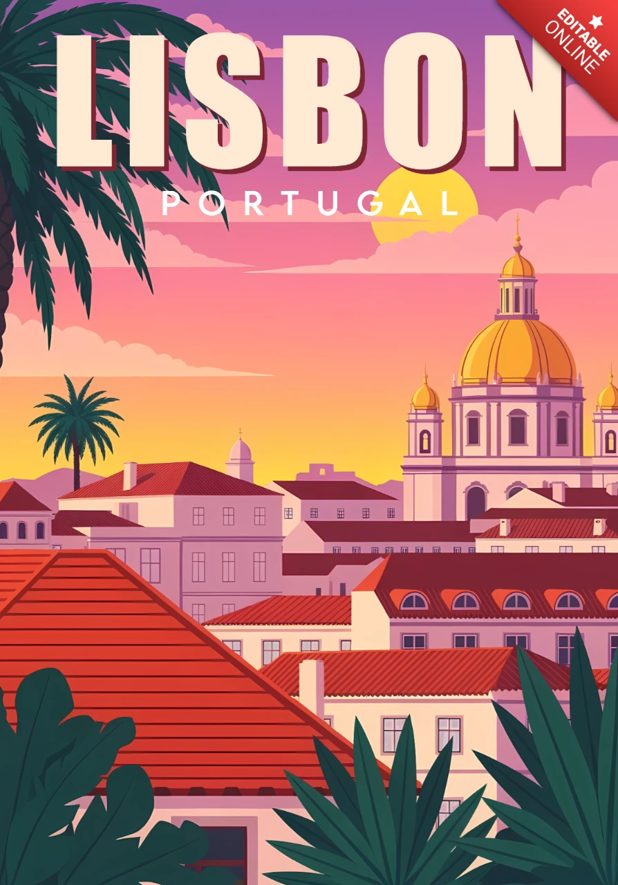 Lisbon Portugal Vintage Travel Poster Design Template with Colorful Cityscape and Palm Trees