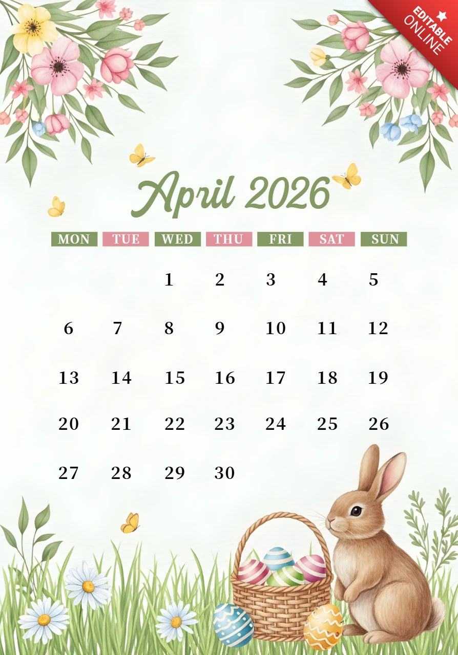 2026年4月のカレンダーポスター — イースターエッグ、花、装飾的な縁取りを持つバスケットを持った茶色のウサギのテーマ