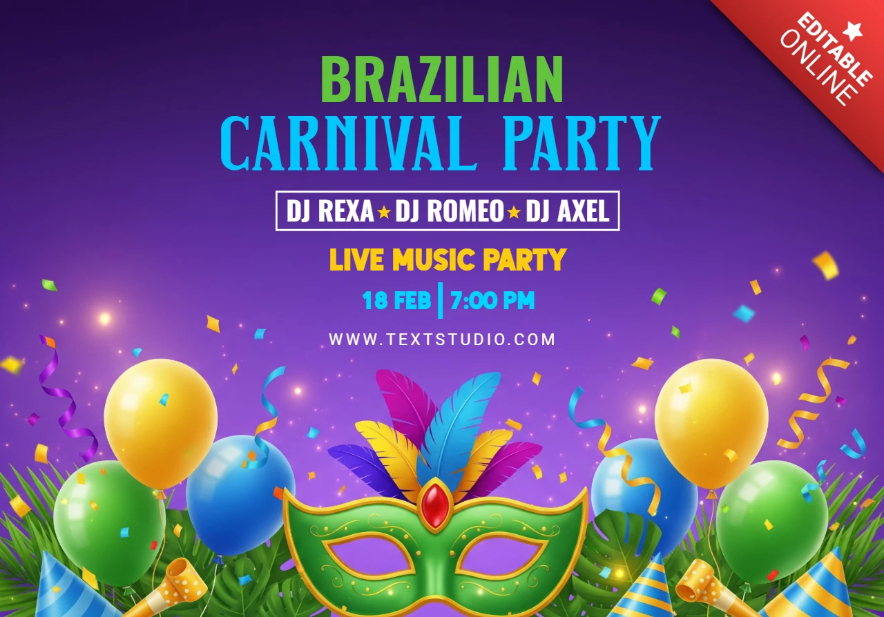 Brazilian Carnival Party Poster Purple Gradient Background with Mask, Balloons, and Festive Decorations