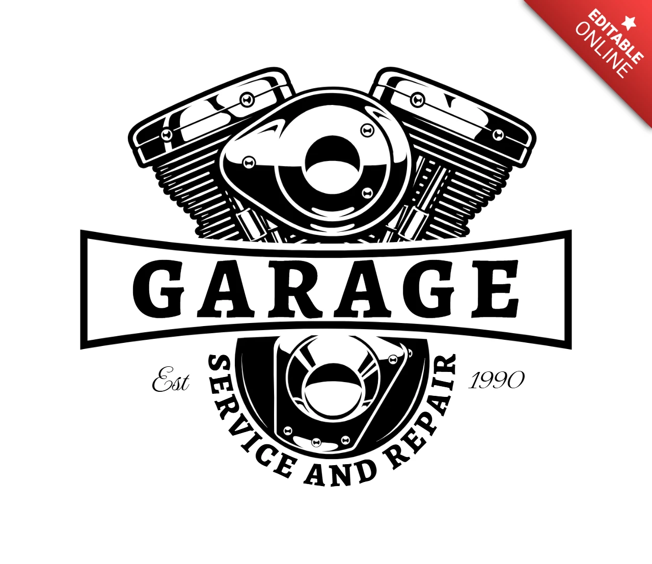Monochrome Engine Of Motorcycle Garage T-Shirt Design Template